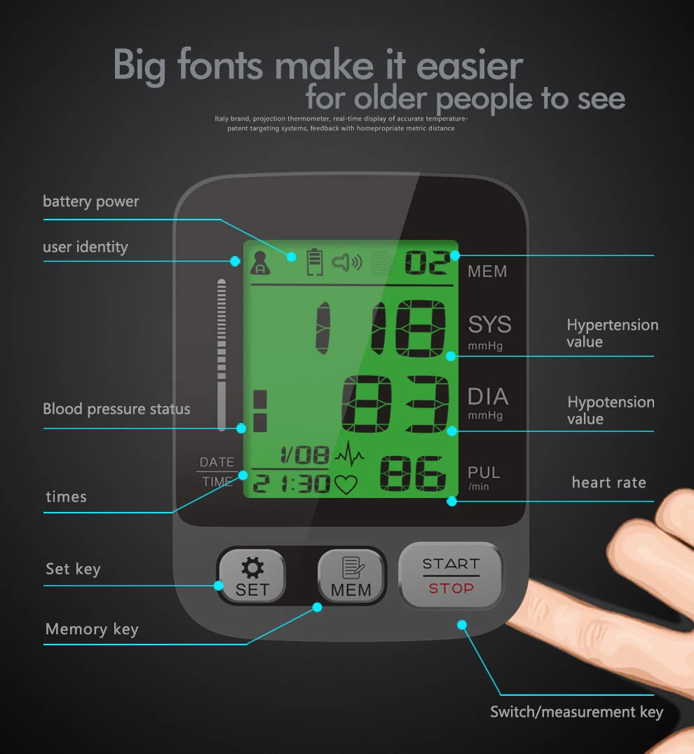 Easy-Use Automatic Upper Arm Blood Pressure Meter - Home Sphygmomanometer for Arterial Pressure Check