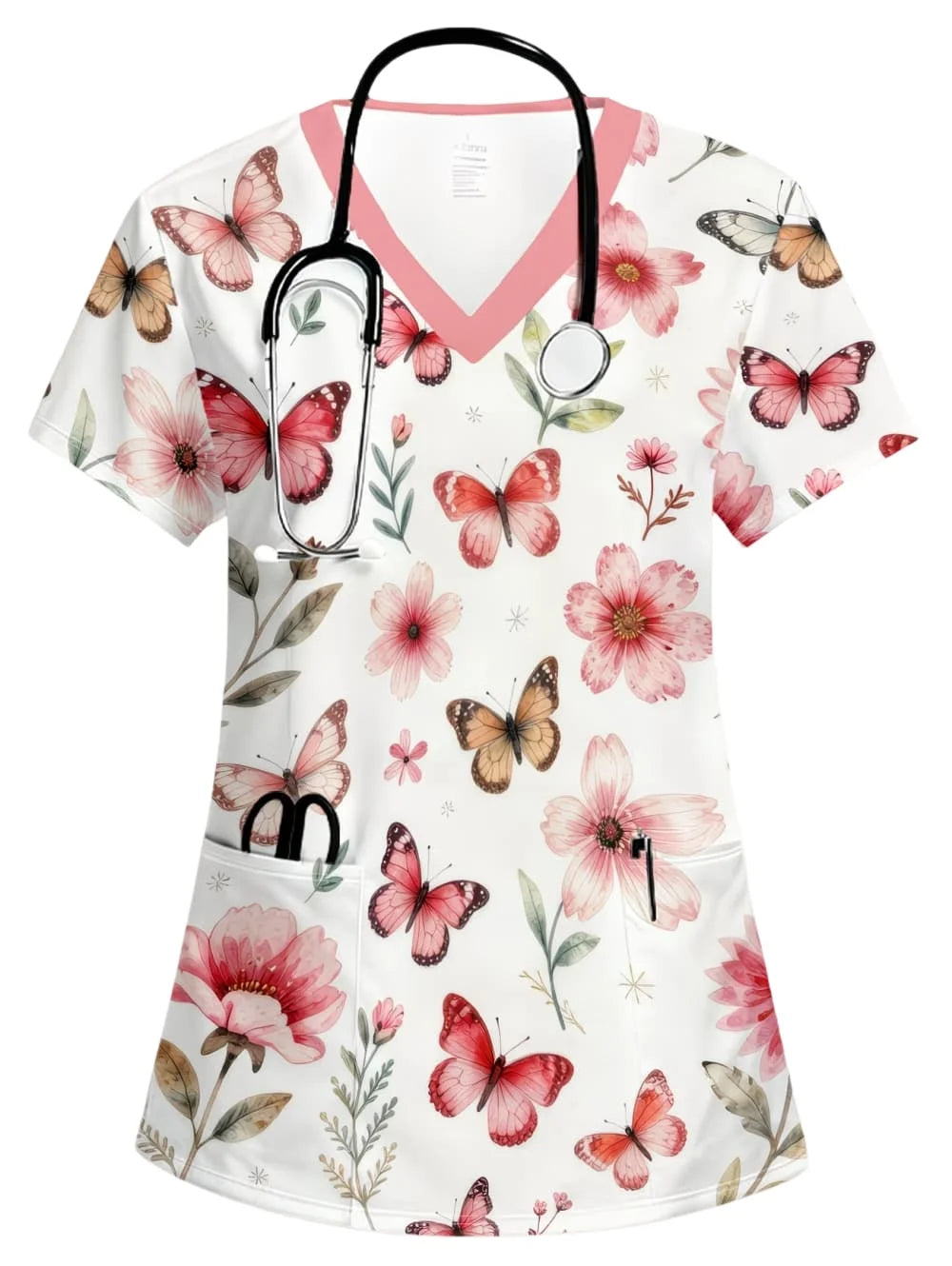 Uniforms Women Medical Fashion Floral Print V-Neck Pockets Design Comfortable Short Sleeve Scrubs Elegant Clinical Uniform Woman