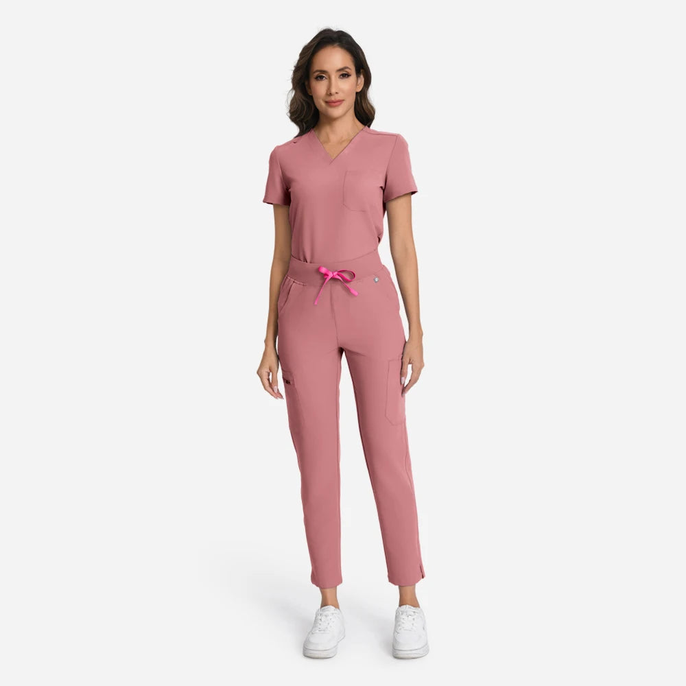 KUNGFU SCRUBS Women’s Nurse Uniform Dental Scrub Set 2-Pcs Top & Pants Soft Breathable Antibacterial Waterproof for Beauty Salo