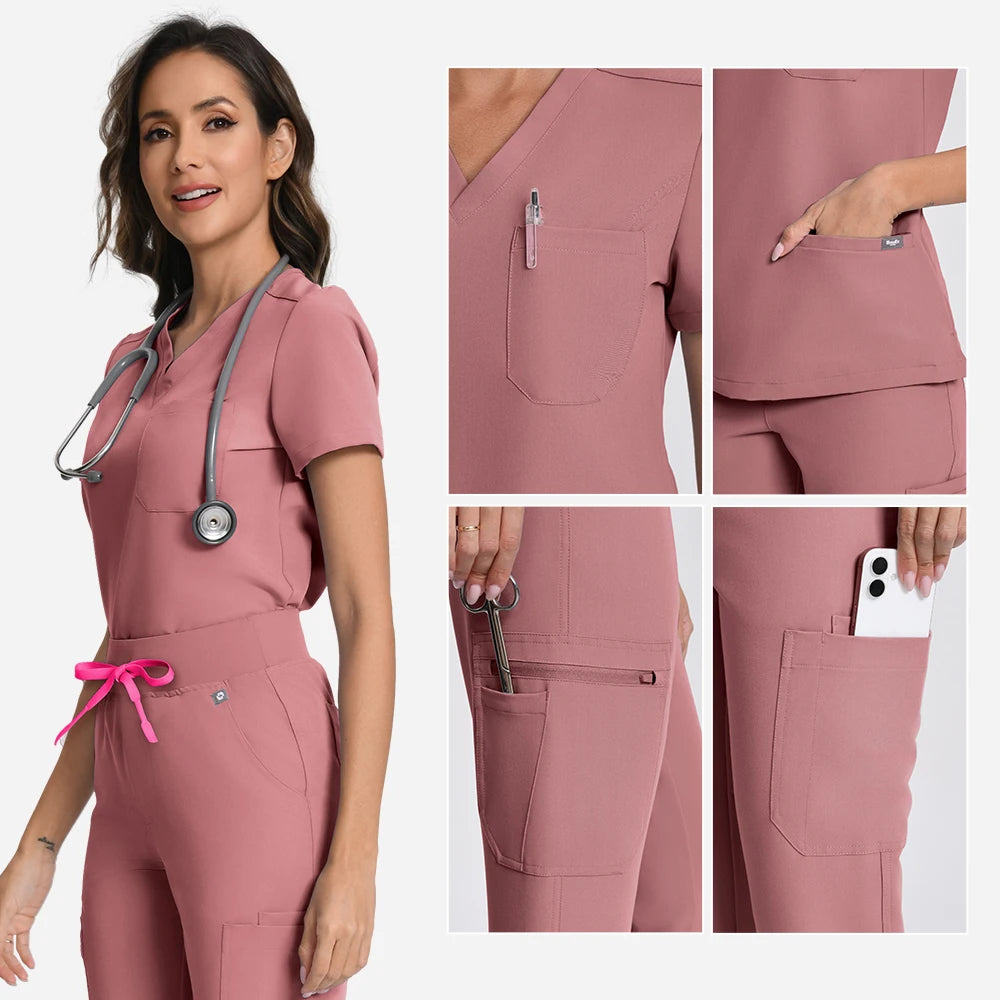 KUNGFU SCRUBS Women’s Nurse Uniform Dental Scrub Set 2-Pcs Top & Pants Soft Breathable Antibacterial Waterproof for Beauty Salo