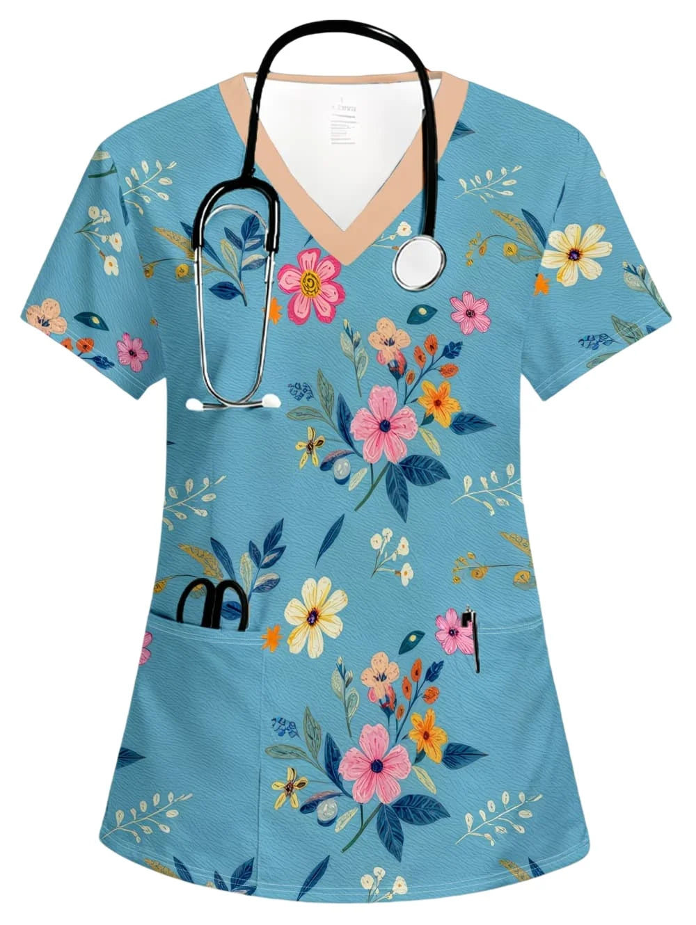 Uniforms Women Medical Fashion Floral Print V-Neck Pockets Design Comfortable Short Sleeve Scrubs Elegant Clinical Uniform Woman
