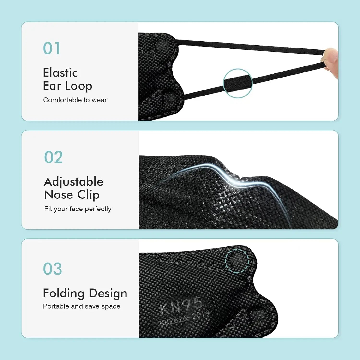 Black KN95 Face Masks 100 Pack, Breathable Disposable for Adults and Teens
