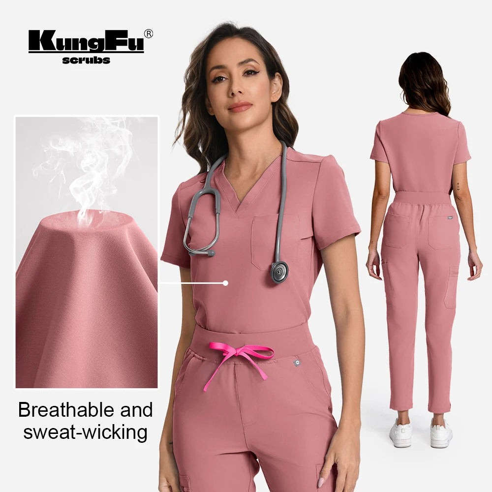 KUNGFU SCRUBS Women’s Nurse Uniform Dental Scrub Set 2-Pcs Top & Pants Soft Breathable Antibacterial Waterproof for Beauty Salo
