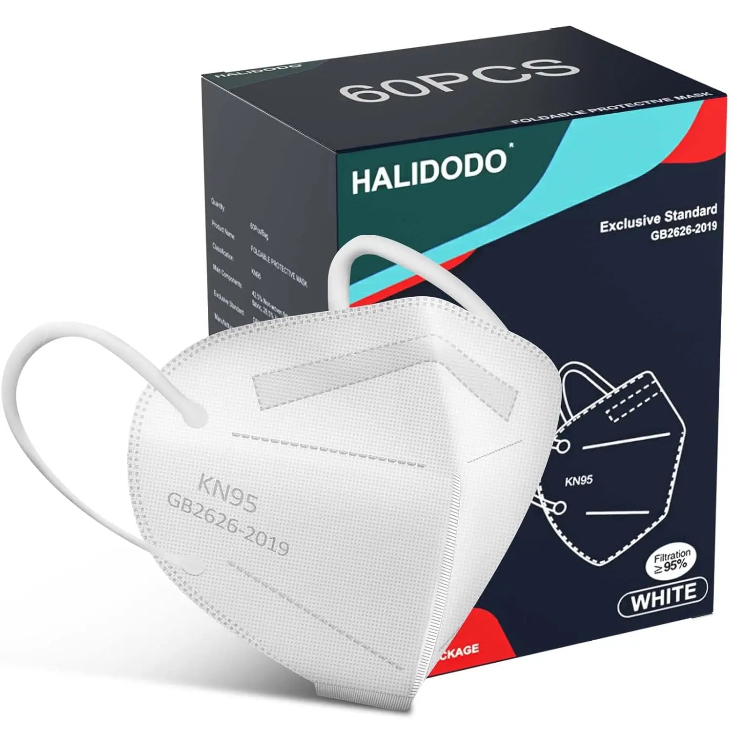 60 Packs KN95 Face Mask, 5-Ply Comfortable Filter Safety Mask, Protective White Cover