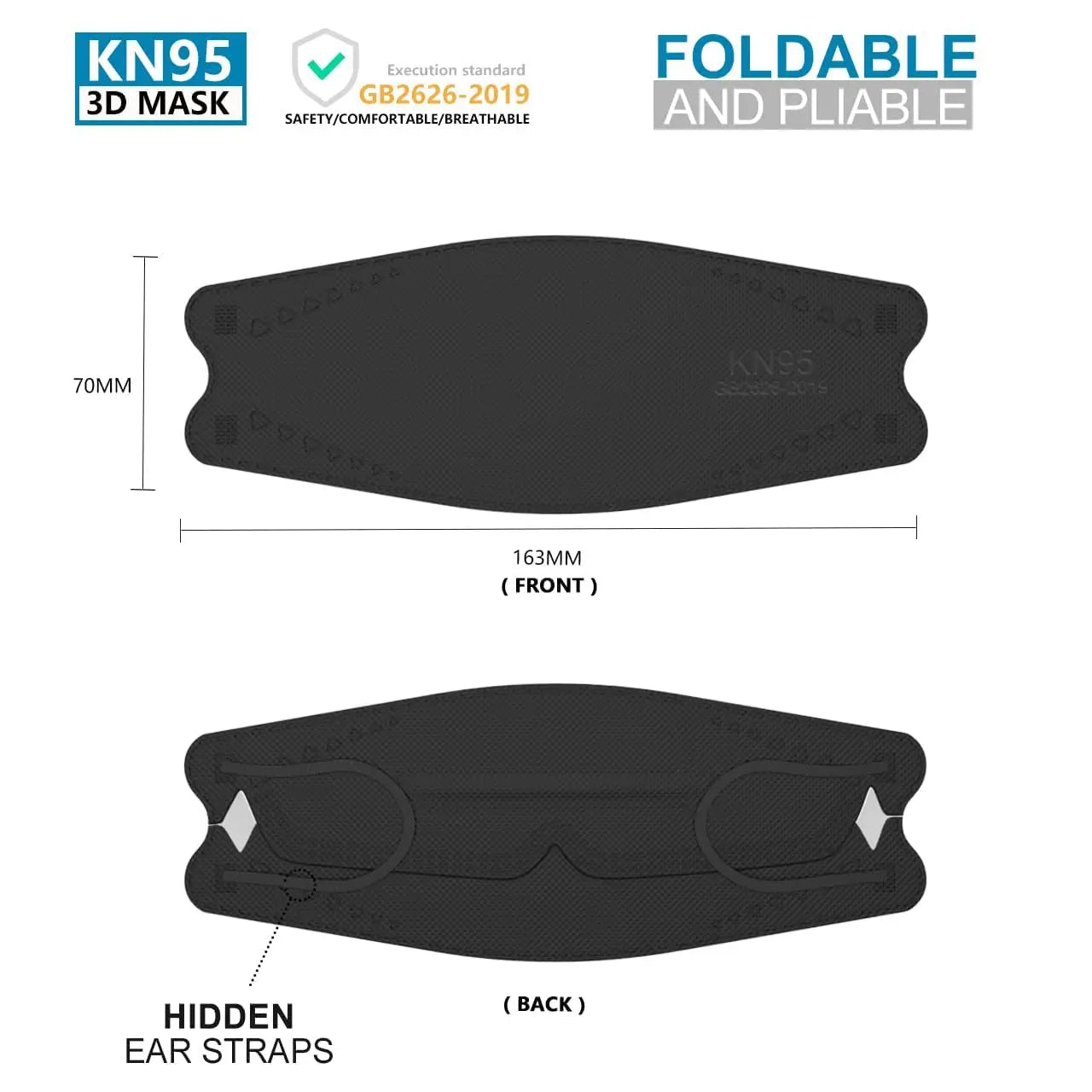 50 Pack Black KN95 Face Masks, Breathable Comfortable Disposable for Daily Protection