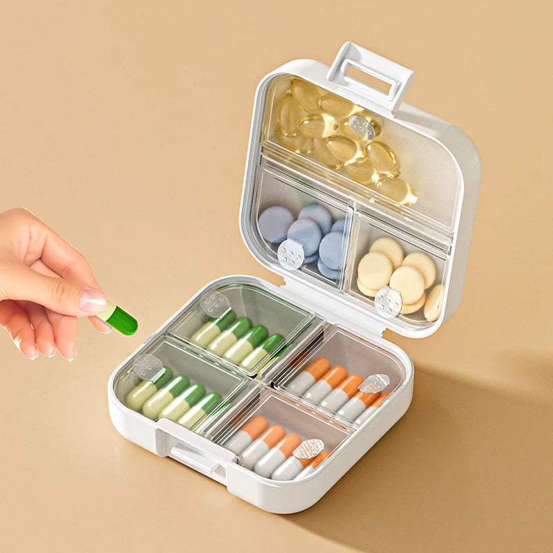 Portable mini medicine box, double sealed medicine pill storage box, seven days a week snap-on compartment medicine box