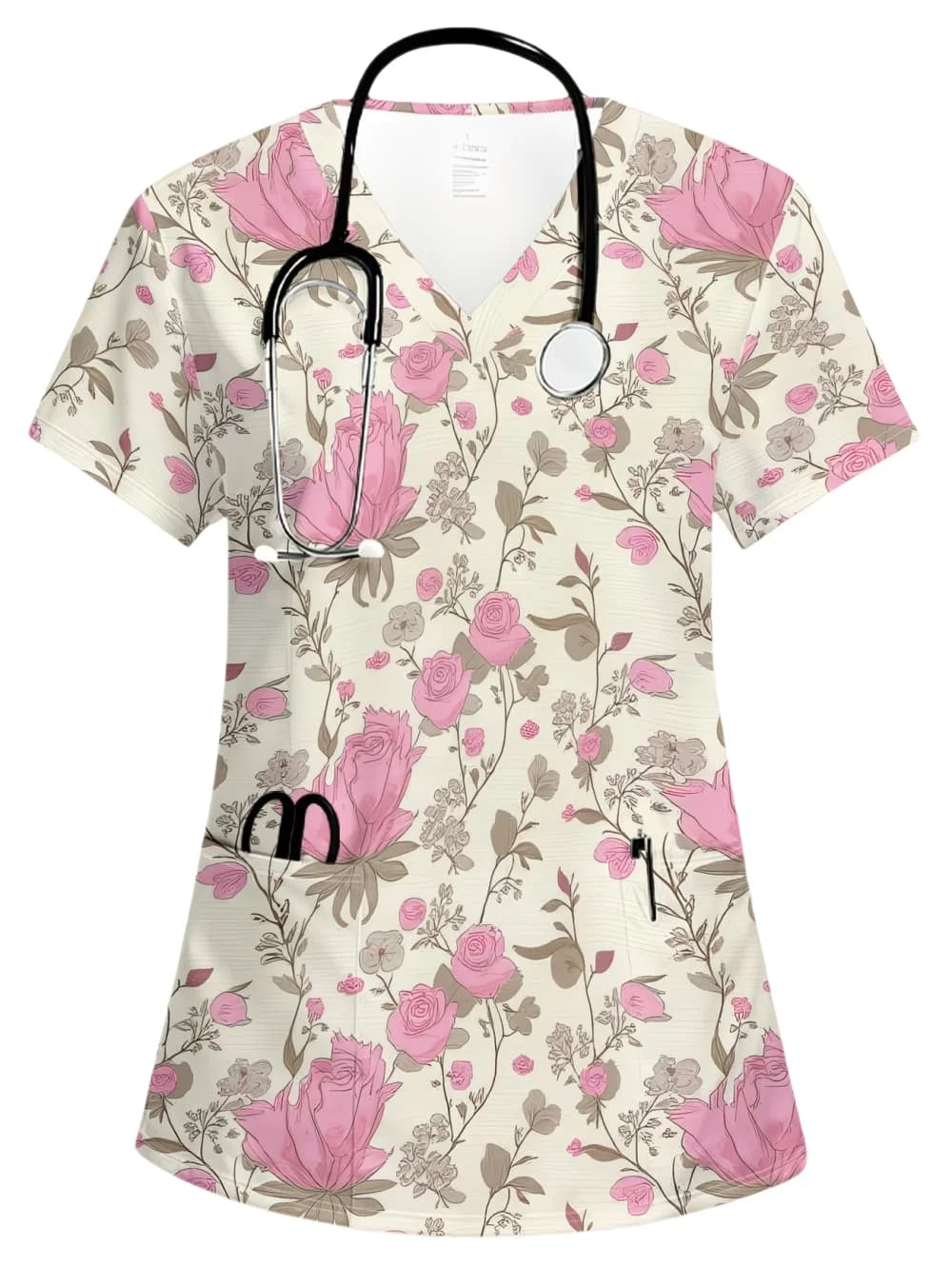 Uniforms Women Medical Fashion Floral Print V-Neck Pockets Design Comfortable Short Sleeve Scrubs Elegant Clinical Uniform Woman