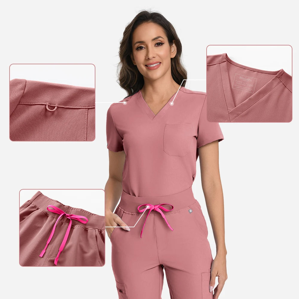 KUNGFU SCRUBS Women’s Nurse Uniform Dental Scrub Set 2-Pcs Top & Pants Soft Breathable Antibacterial Waterproof for Beauty Salo