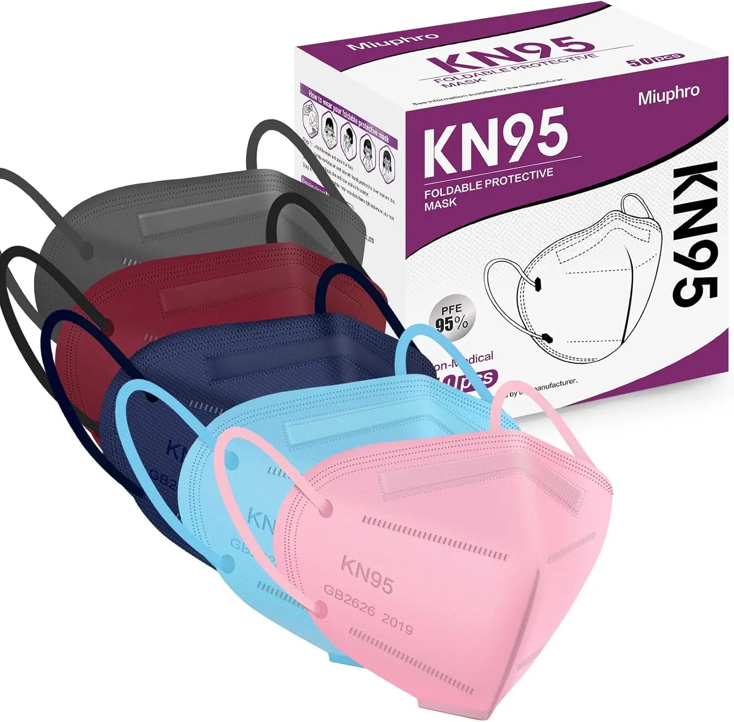 50 Pcs KN95 Face Masks, 5-Layer Disposable Respirators in Pink, Blue, Red, Purple, Grey for Outdoor Safety