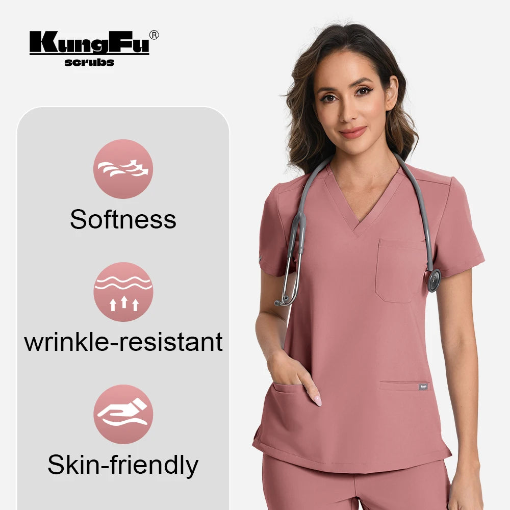 KUNGFU SCRUBS Women’s Nurse Uniform Dental Scrub Set 2-Pcs Top & Pants Soft Breathable Antibacterial Waterproof for Beauty Salo